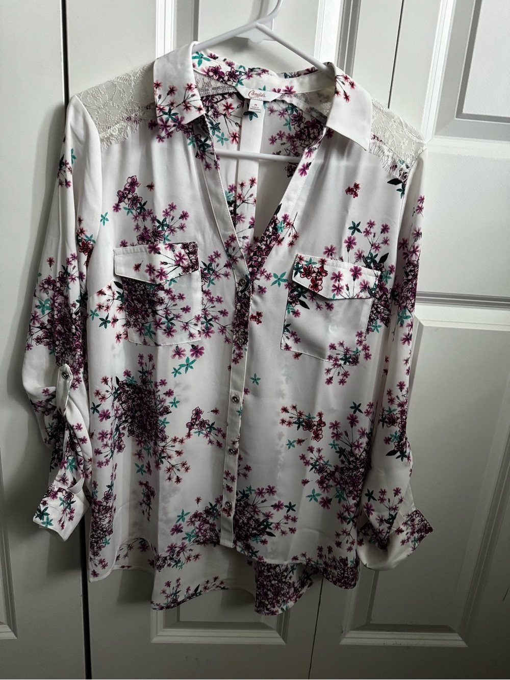 Candie's White Floral Top with Purple and Teal Blooms